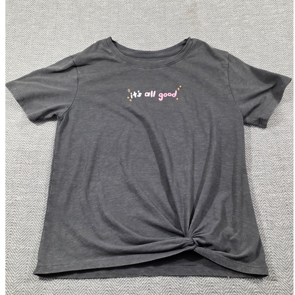 Cat & Jack Girls Gray Its All Good Embroidered Front Knot Graphic Tee L 10/12 - Picture 1 of 7
